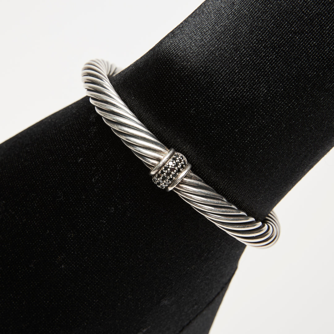 David Yurman Sterling Silver Cable Classic Center Station Bracelet with Pave Black Diamonds