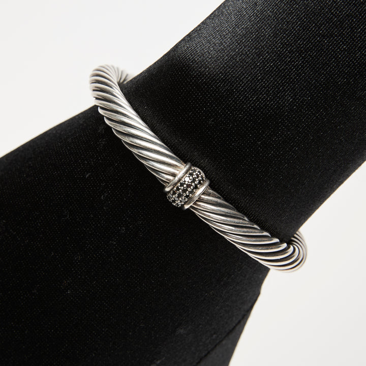 David Yurman Sterling Silver Cable Classic Center Station Bracelet with Pave Black Diamonds