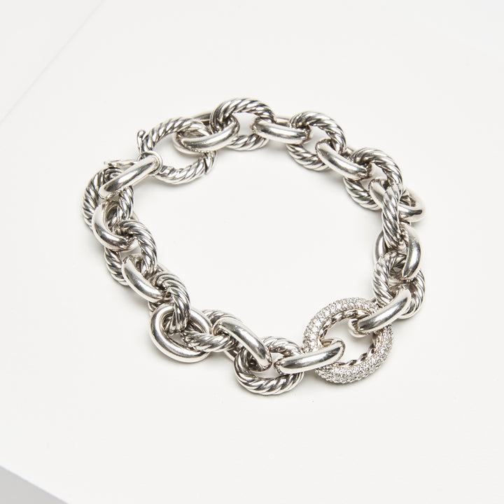 David Yurman Sterling Silver Oval Link Chain Bracelet with Pave Diamonds