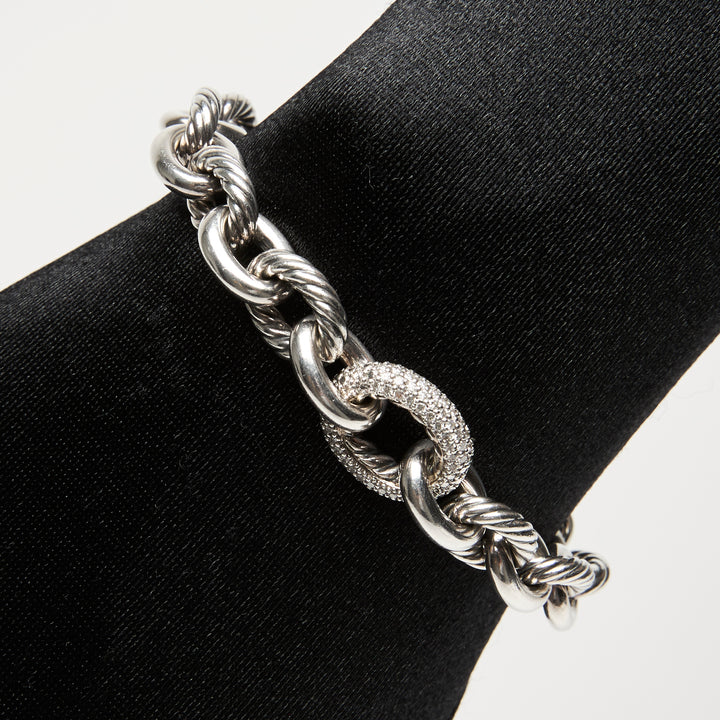 David Yurman Sterling Silver Oval Link Chain Bracelet with Pave Diamonds