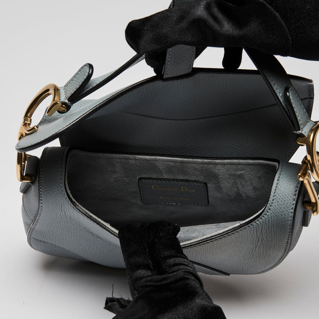 Dior Blue Dove Grey Grained Calfskin Leather Mini Saddle Handbag