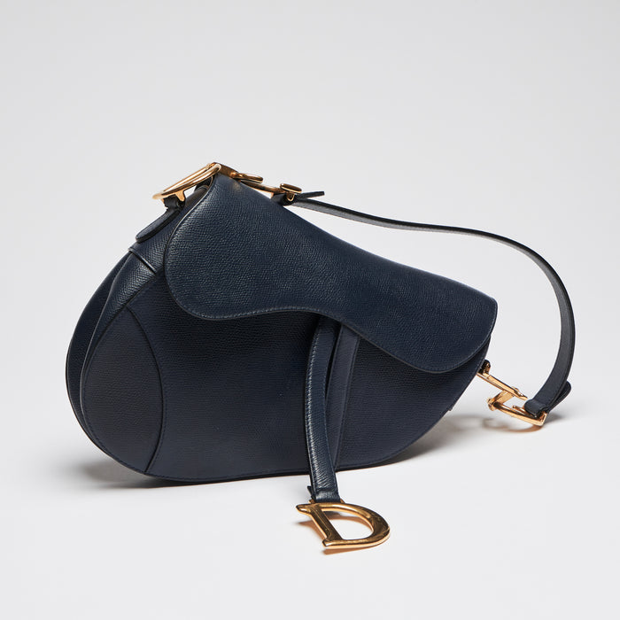 Pre-Loved Navy Blue Textured Leather Oblique Shape Shoulder Bag. (front)