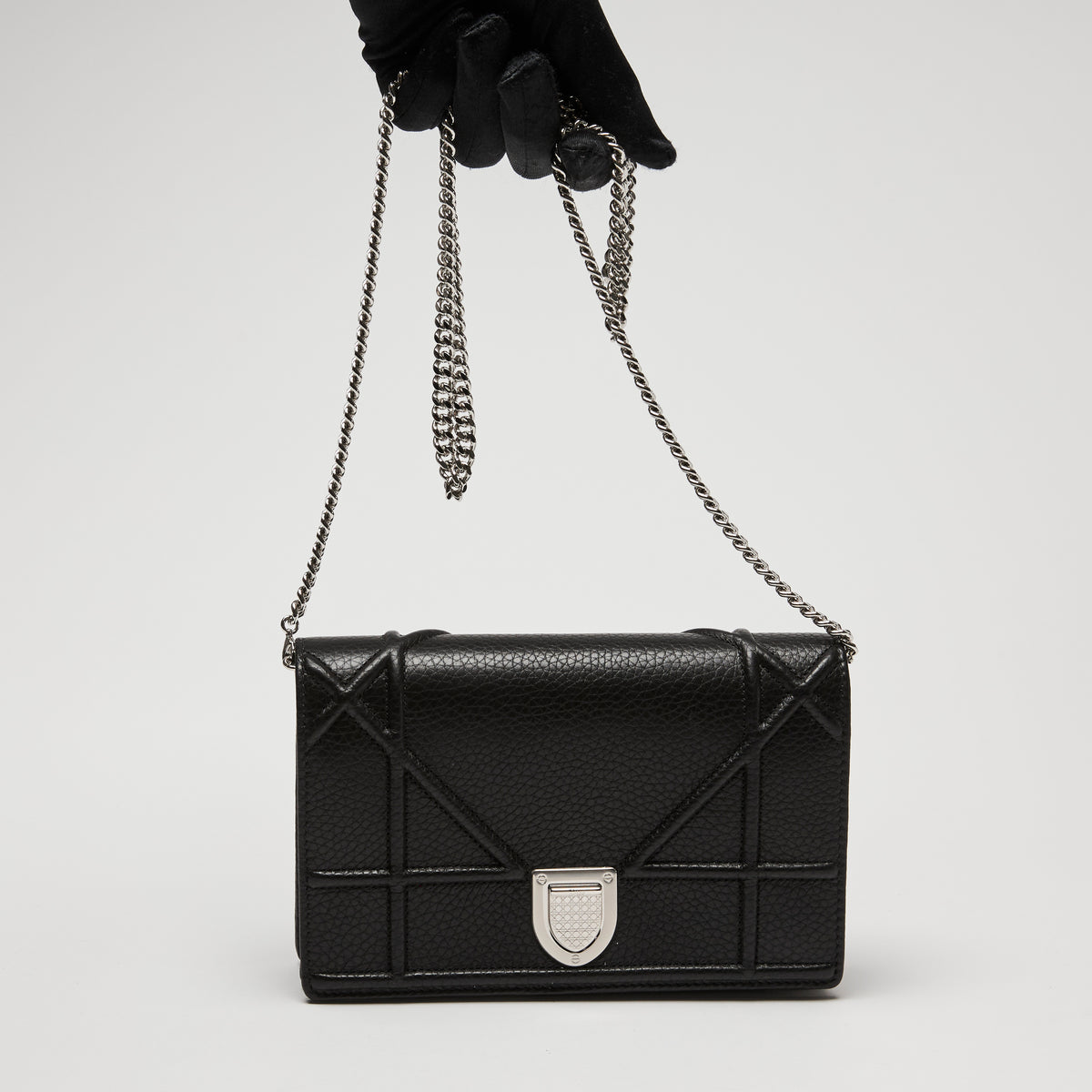 Dior Black Grained Leather Diorama Wallet on Chain
