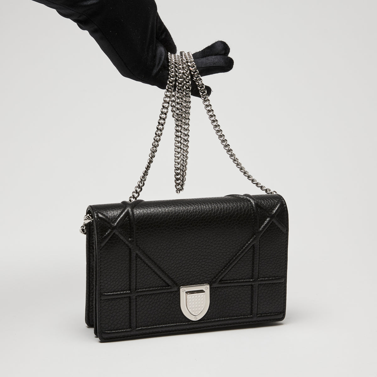 Dior Black Grained Leather Diorama Wallet on Chain