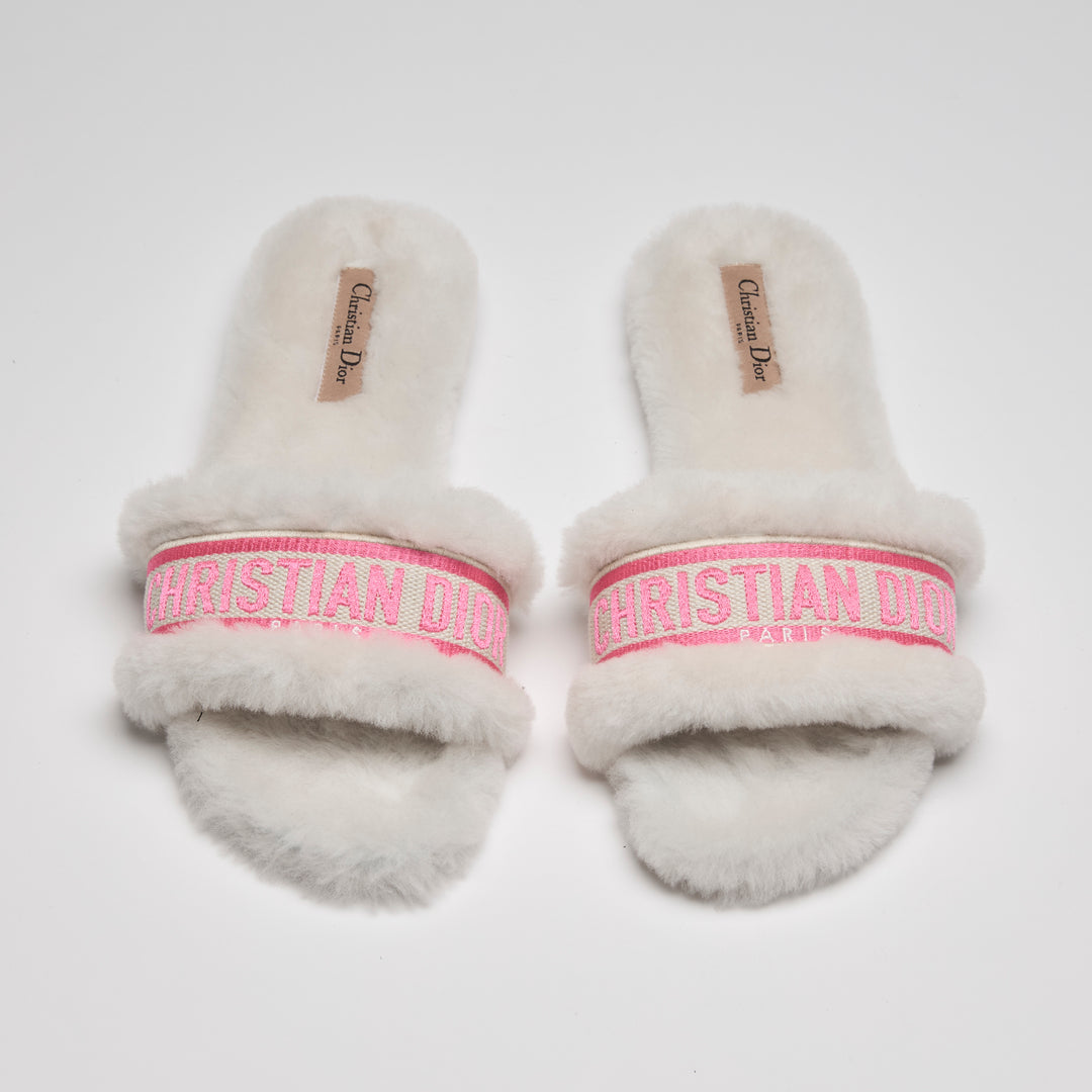Dior White Shearling Dway Slides with Pink Logo Size 38.5