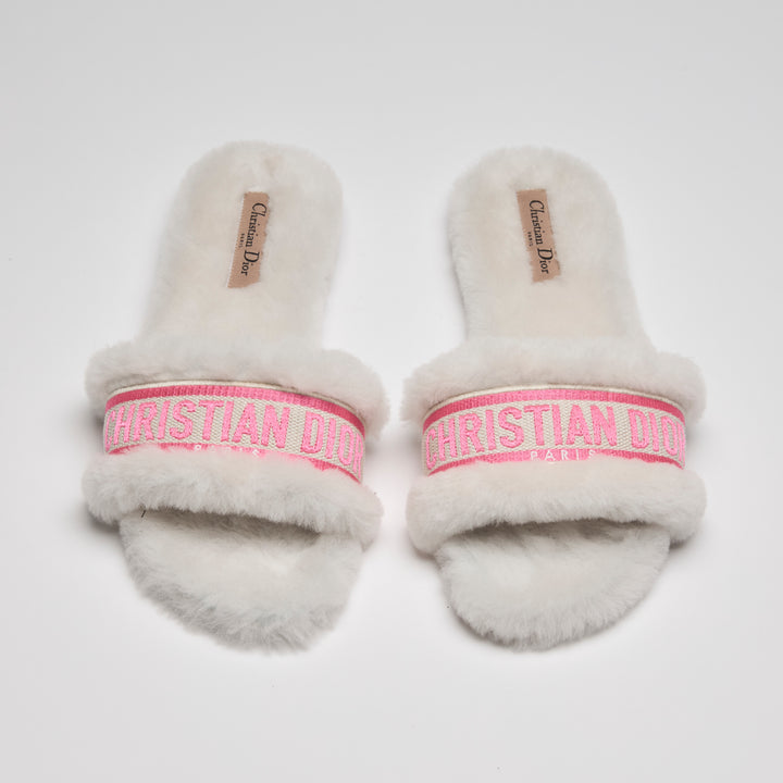 Dior White Shearling Dway Slides with Pink Logo Size 38.5