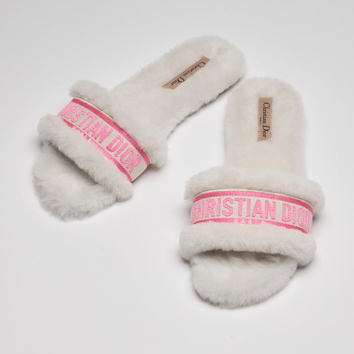 Dior White Shearling Dway Slides with Pink Logo Size 38.5