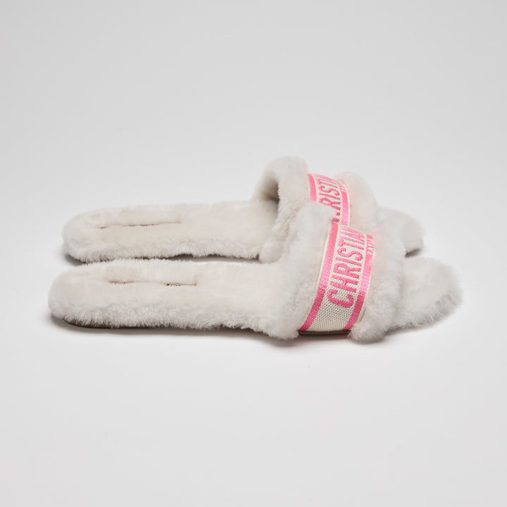 Dior White Shearling Dway Slides with Pink Logo Size 38.5