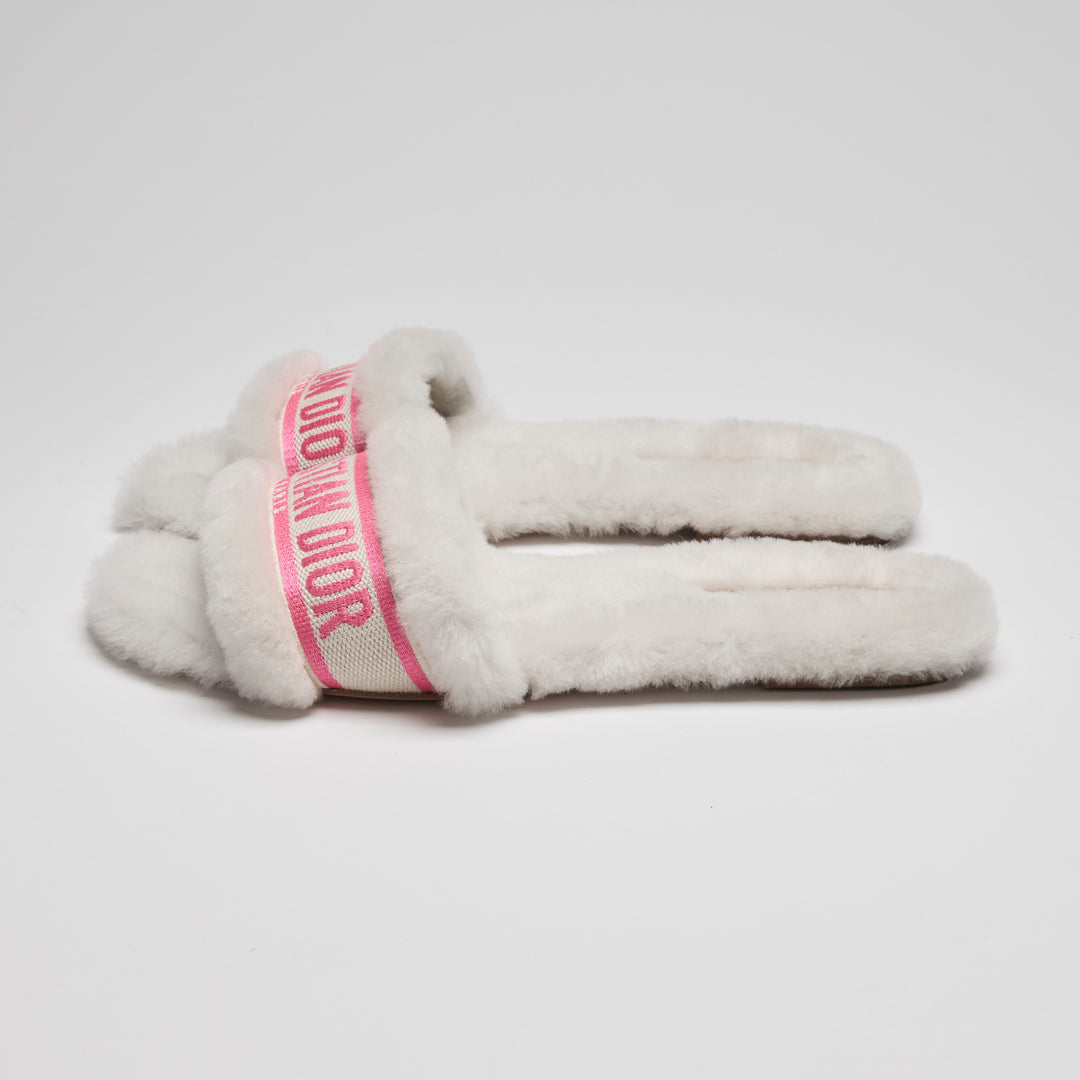 Dior White Shearling Dway Slides with Pink Logo Size 38.5