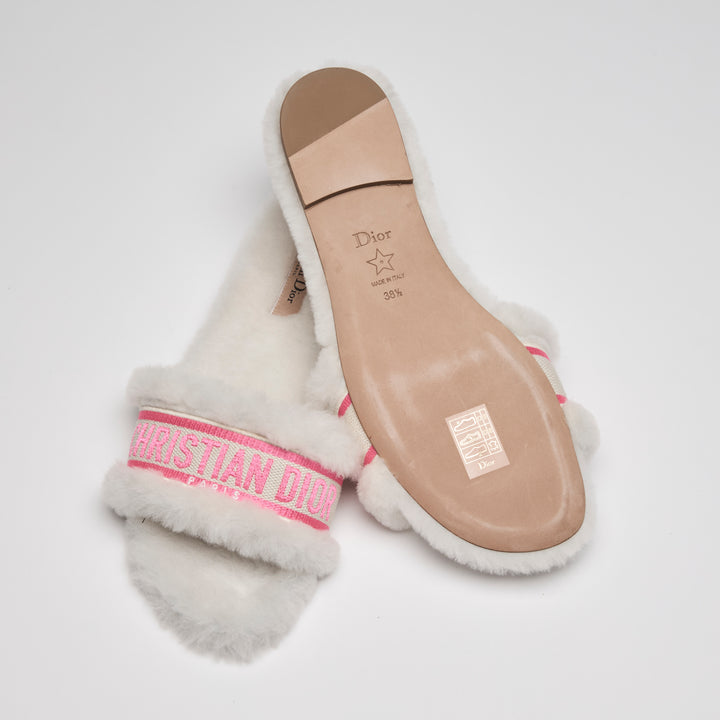Dior White Shearling Dway Slides with Pink Logo Size 38.5