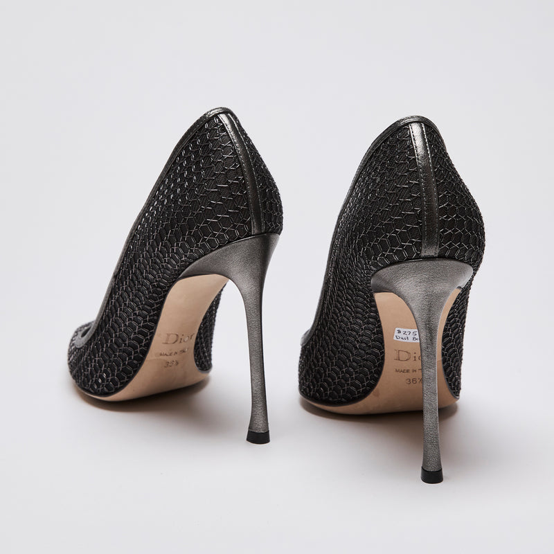 Christian Dior Silver Black Metallic Mesh Pointy Pumps Size 36.5