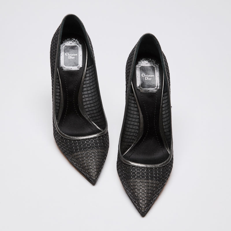 Christian Dior Silver Black Metallic Mesh Pointy Pumps Size 36.5