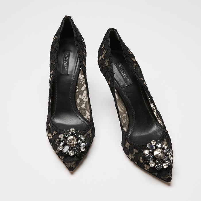Dolce & Gabbana Black Lace & Mesh Crystal Flower Pumps Size 41