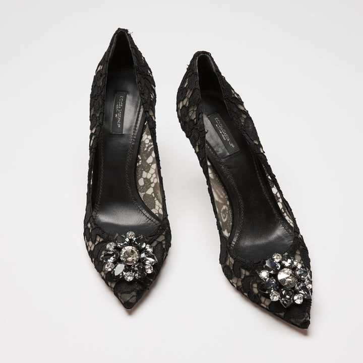 Dolce & Gabbana Black Lace & Mesh Crystal Flower Pumps Size 41