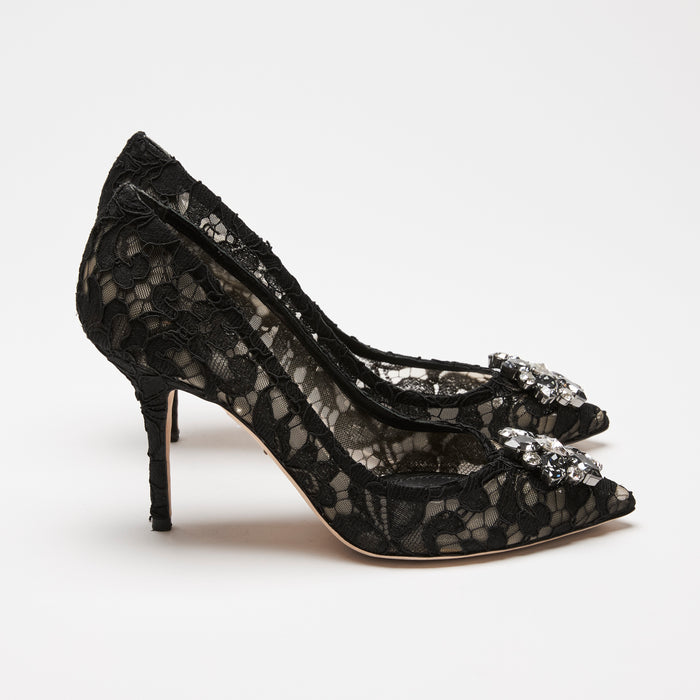Dolce & Gabbana Black Lace & Mesh Crystal Flower Pumps Size 41