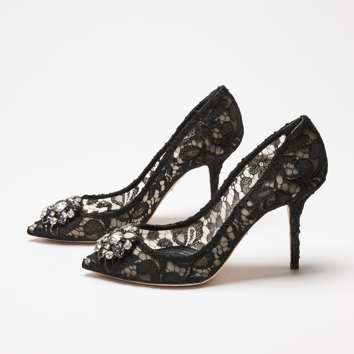 Dolce & Gabbana Black Lace & Mesh Crystal Flower Pumps Size 41