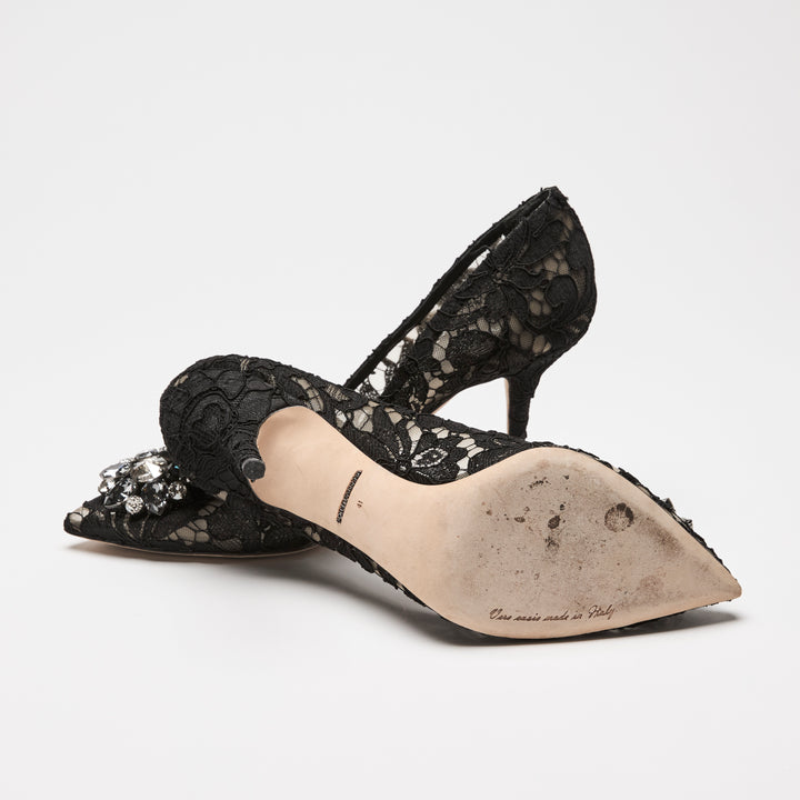 Dolce & Gabbana Black Lace & Mesh Crystal Flower Pumps Size 41