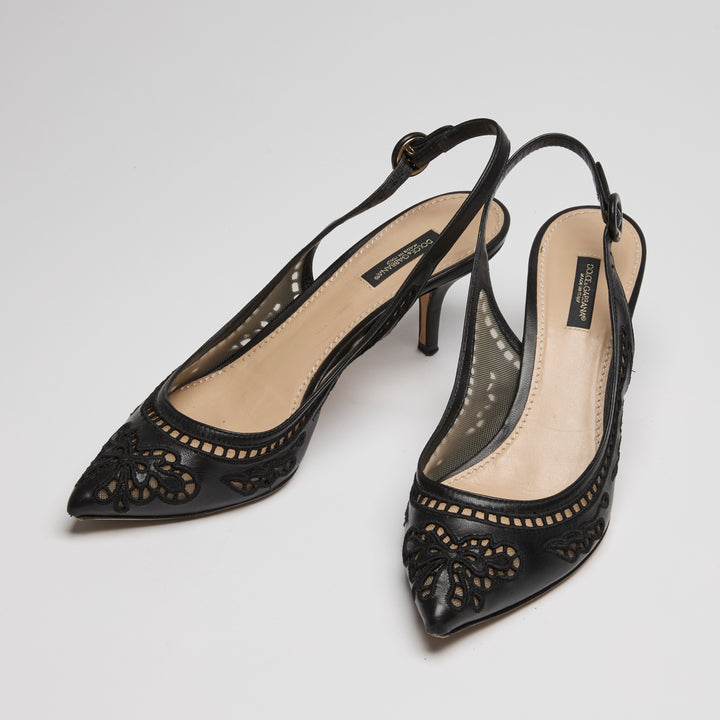 Dolce & Gabbana Black Calf Leather Mesh Slingbacks Size 39