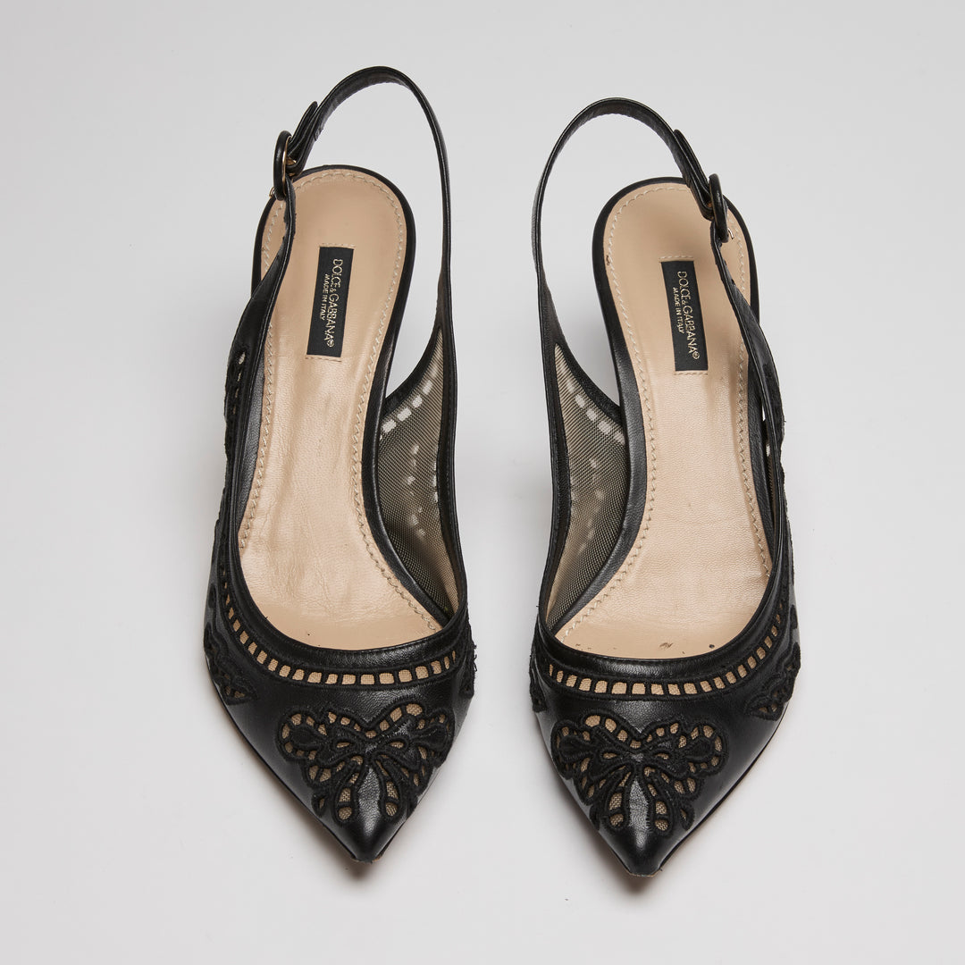 Dolce & Gabbana Black Calf Leather Mesh Slingbacks Size 39
