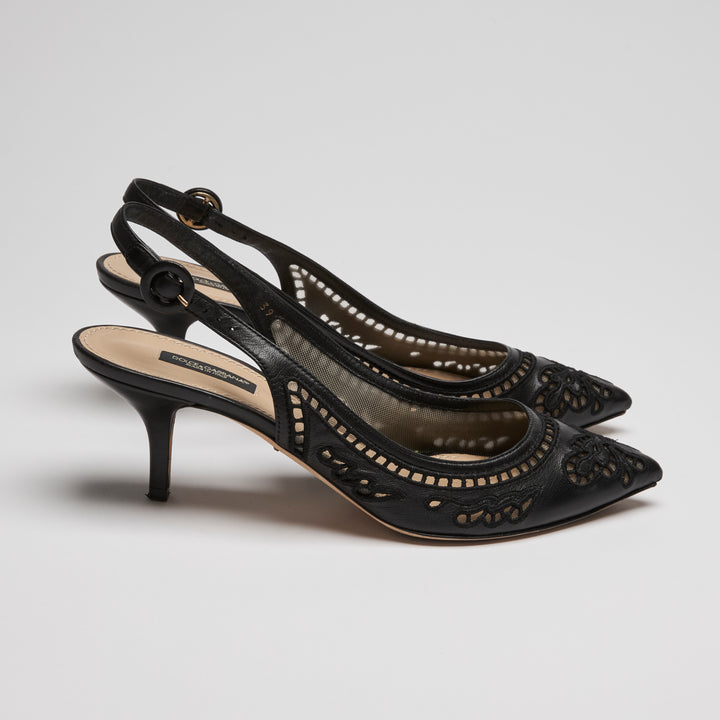 Dolce & Gabbana Black Calf Leather Mesh Slingbacks Size 39