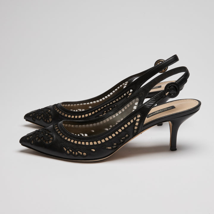 Dolce & Gabbana Black Calf Leather Mesh Slingbacks Size 39