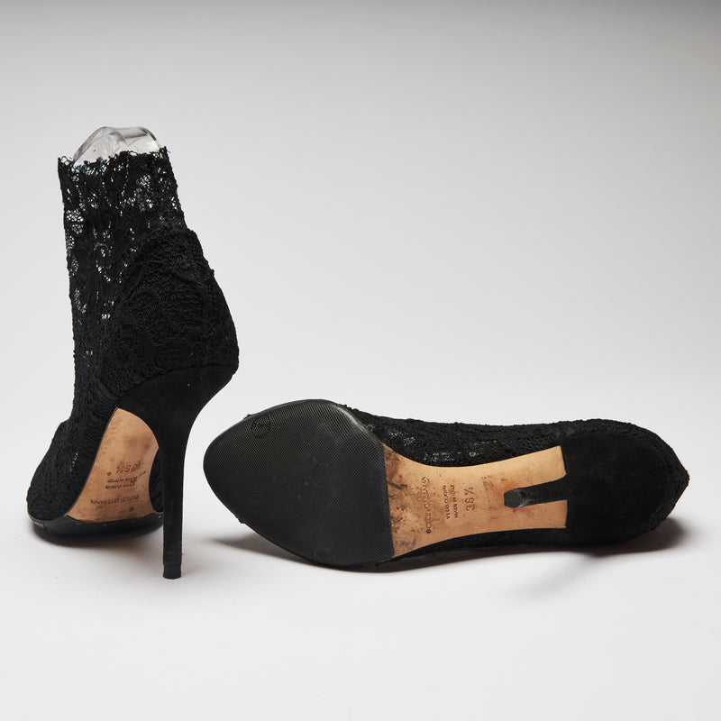 Pre-Loved Black Stretch Lace Peep Toe Heel Ankle Boots.  (bottom)