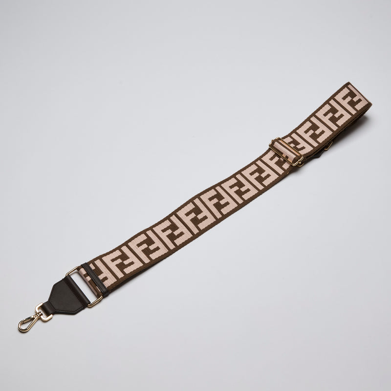 Excellent Pre-Loved Brown and Light Pink Fabric Adjustable Guitar Strap with Gold Tone Hardware. (front)