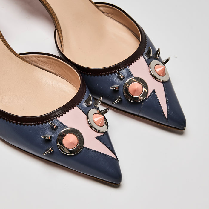 Fendi Purple/Pink Multicolour Leather Monster Ankle Strap Kitten Heel Slingbacks Size 39.5