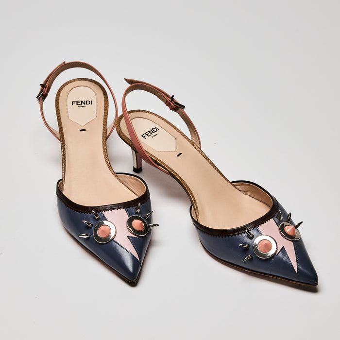 Fendi Purple/Pink Multicolour Leather Monster Ankle Strap Kitten Heel Slingbacks Size 39.5