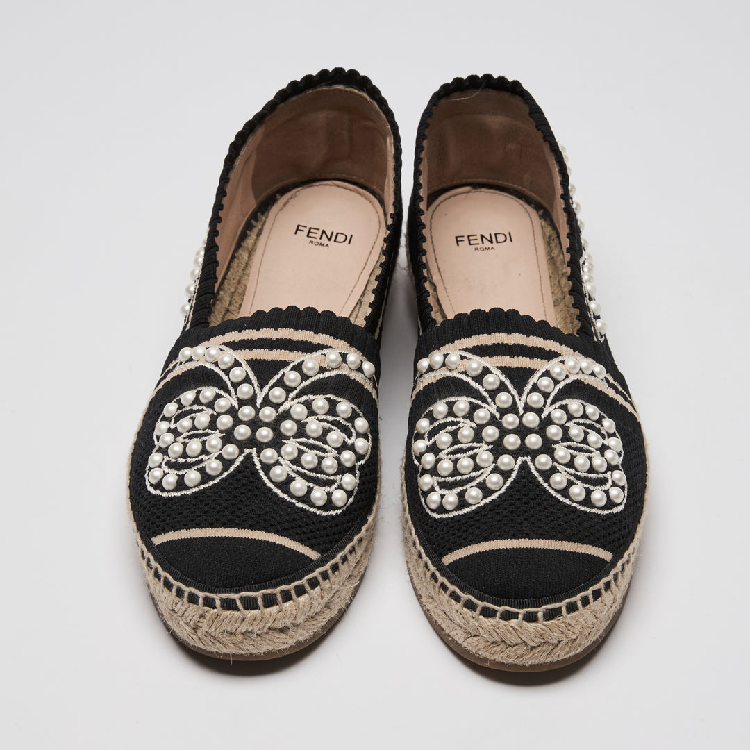 Fendi Black Knit Faux Pearl Espadrilles Size 38.5