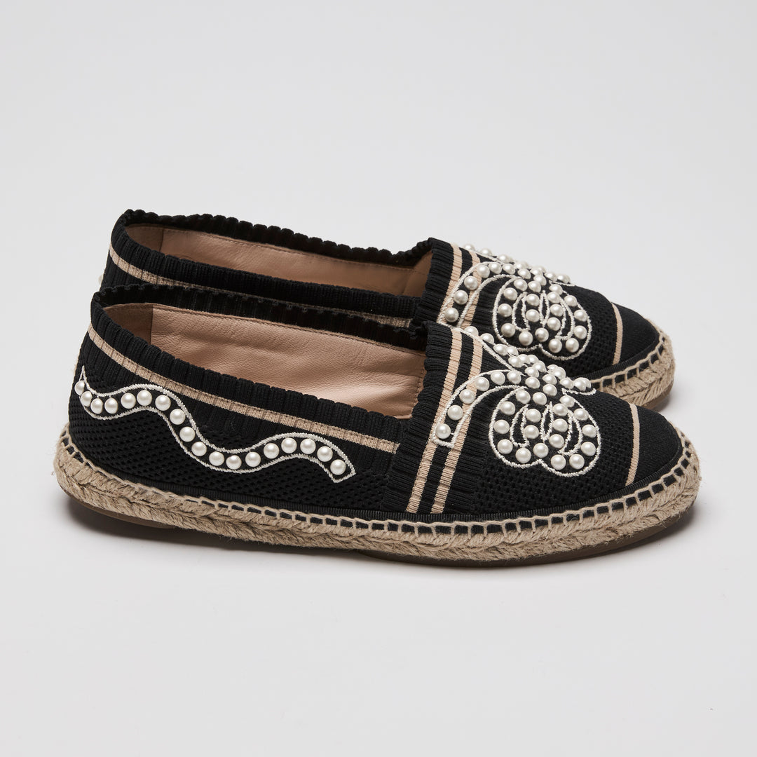 Fendi Black Knit Faux Pearl Espadrilles Size 38.5