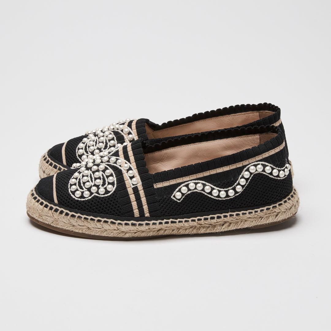 Fendi Black Knit Faux Pearl Espadrilles Size 38.5