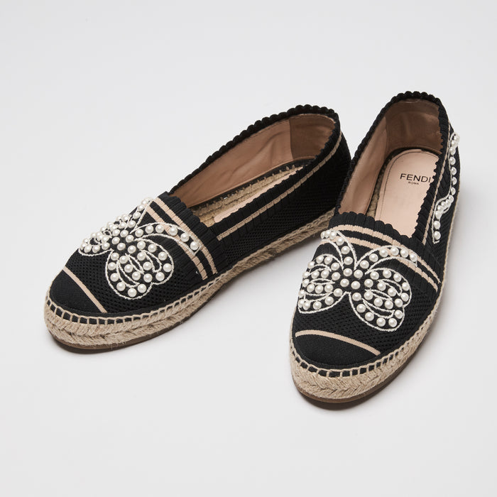 Fendi Black Knit Faux Pearl Espadrilles Size 38.5