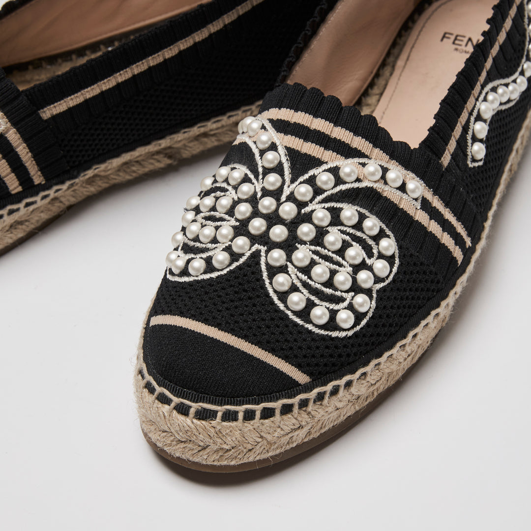 Fendi Black Knit Faux Pearl Espadrilles Size 38.5