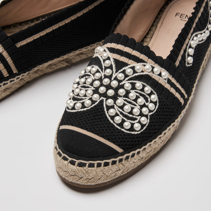 Fendi Black Knit Faux Pearl Espadrilles Size 38.5
