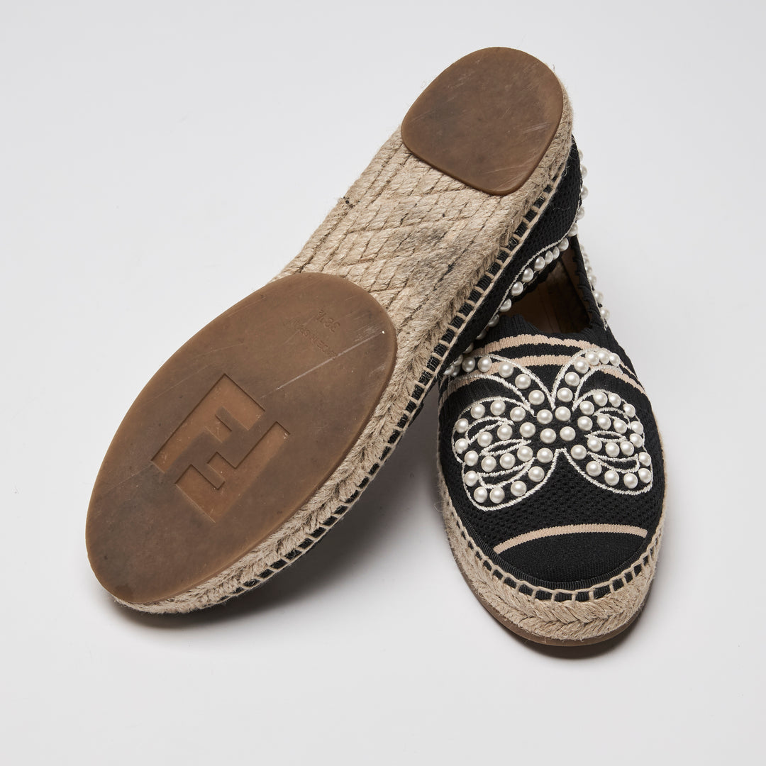 Fendi Black Knit Faux Pearl Espadrilles Size 38.5