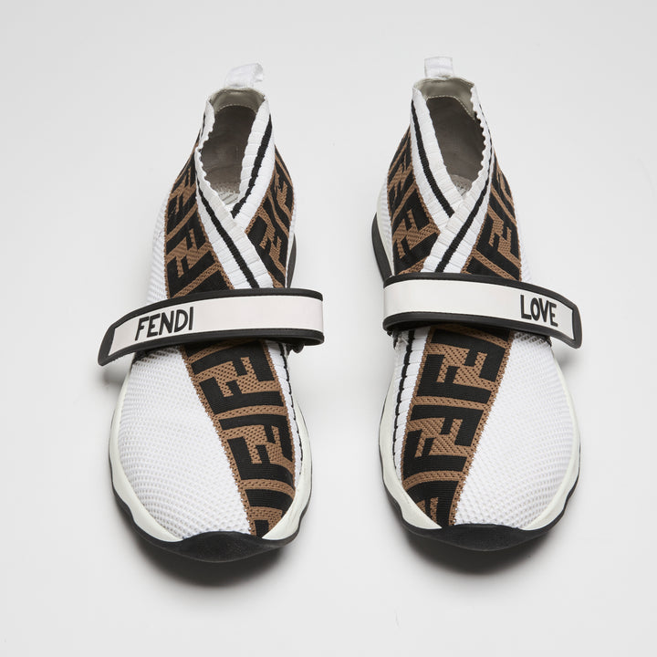 Fendi White & Brown Knit FF Rockoko Sneakers Size 41