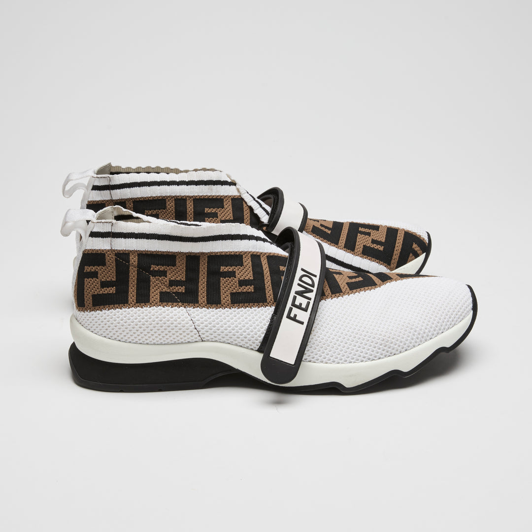 Fendi White & Brown Knit FF Rockoko Sneakers Size 41