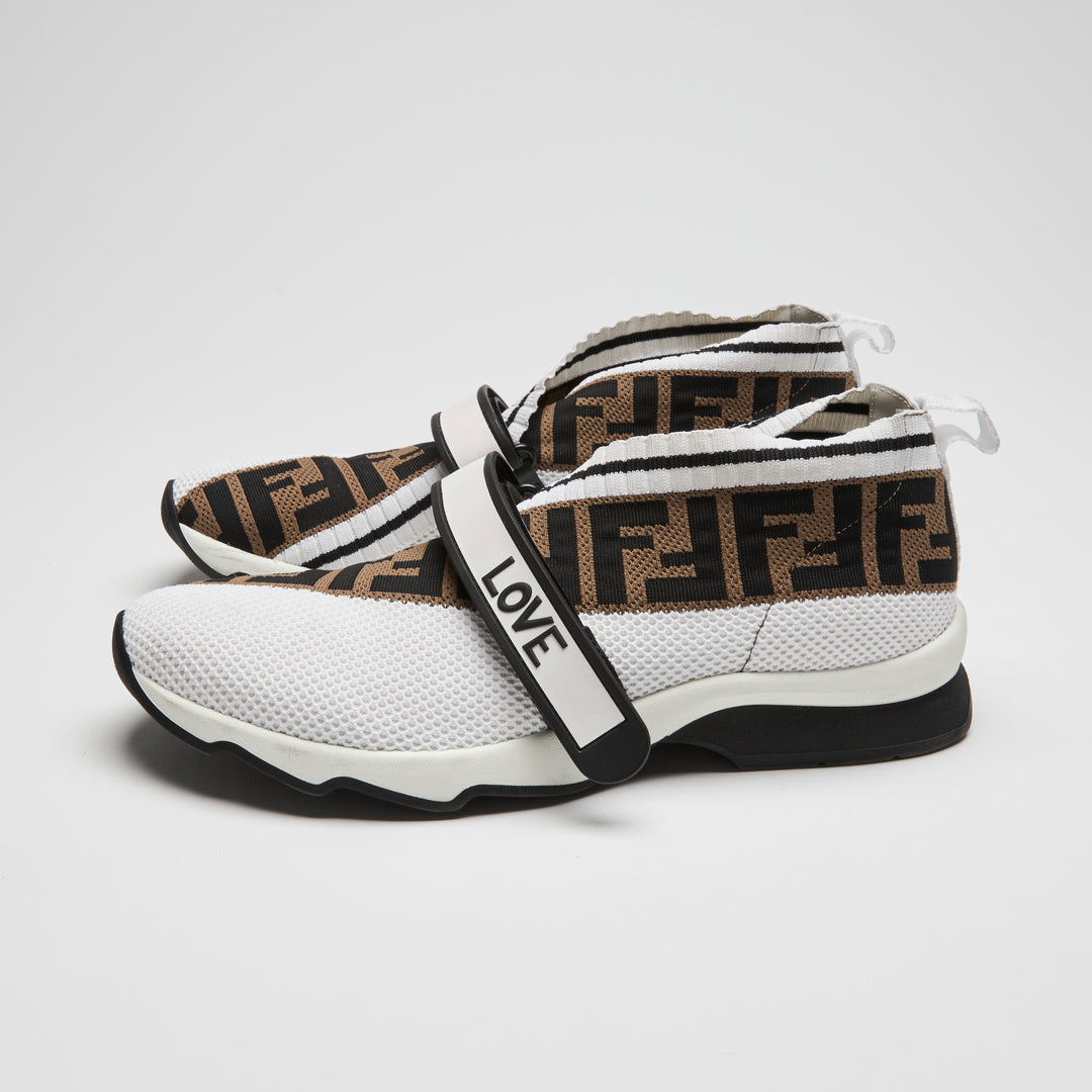Fendi White & Brown Knit FF Rockoko Sneakers Size 41