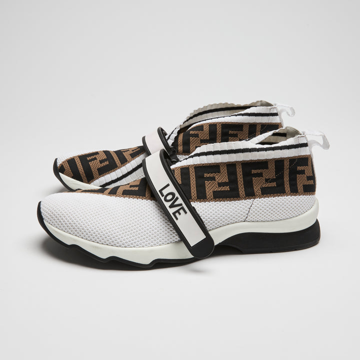 Fendi White & Brown Knit FF Rockoko Sneakers Size 41