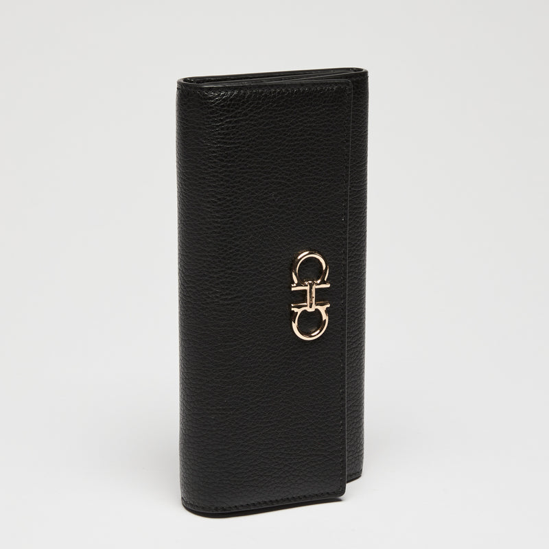 Ferragamo Black Calfskin Leather Gancini Wallet with Chain