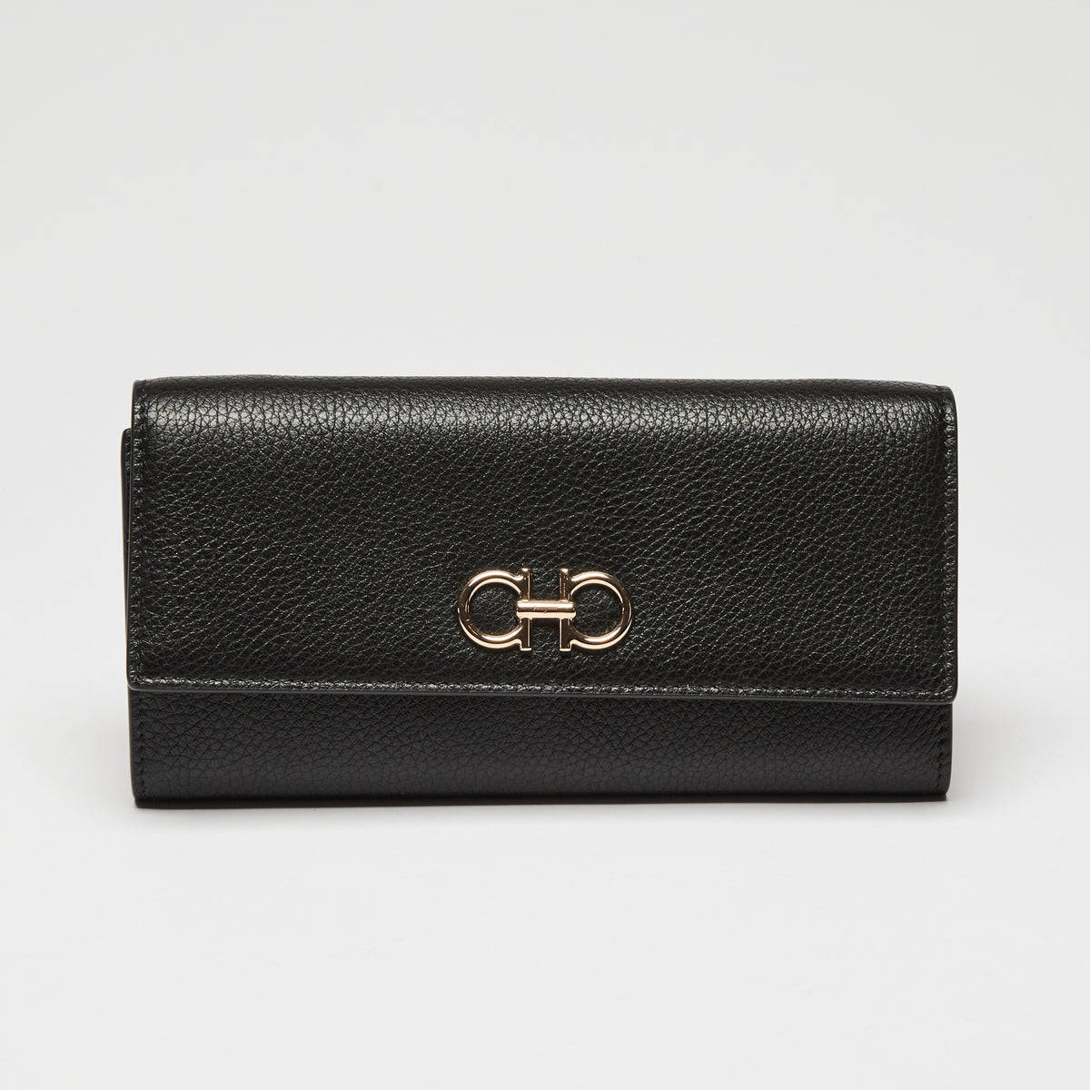 Ferragamo Black Calfskin Leather Gancini Wallet with Chain