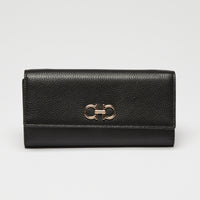 Ferragamo Black Calfskin Leather Gancini Wallet with Chain