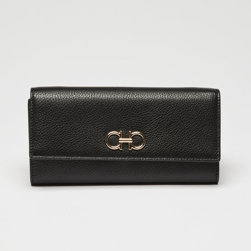 Ferragamo Black Calfskin Leather Gancini Wallet with Chain