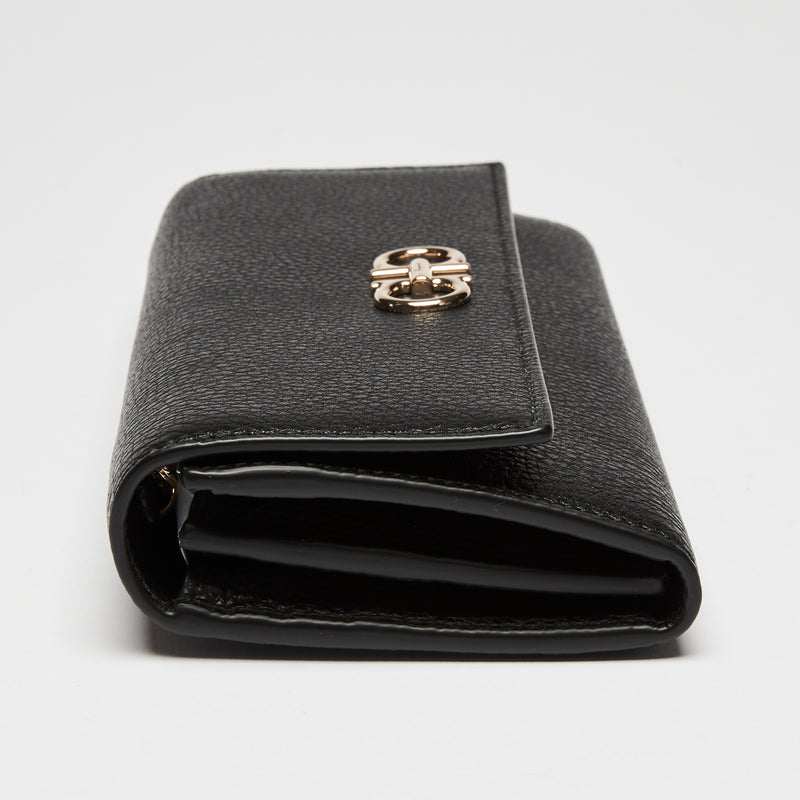 Ferragamo Black Calfskin Leather Gancini Wallet with Chain