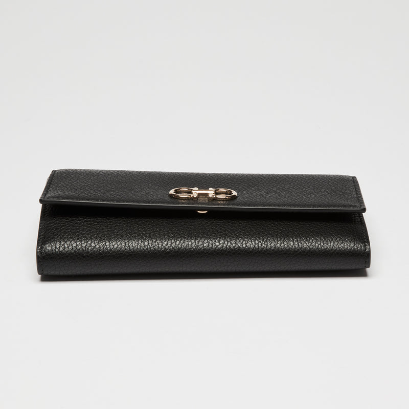 Ferragamo Black Calfskin Leather Gancini Wallet with Chain