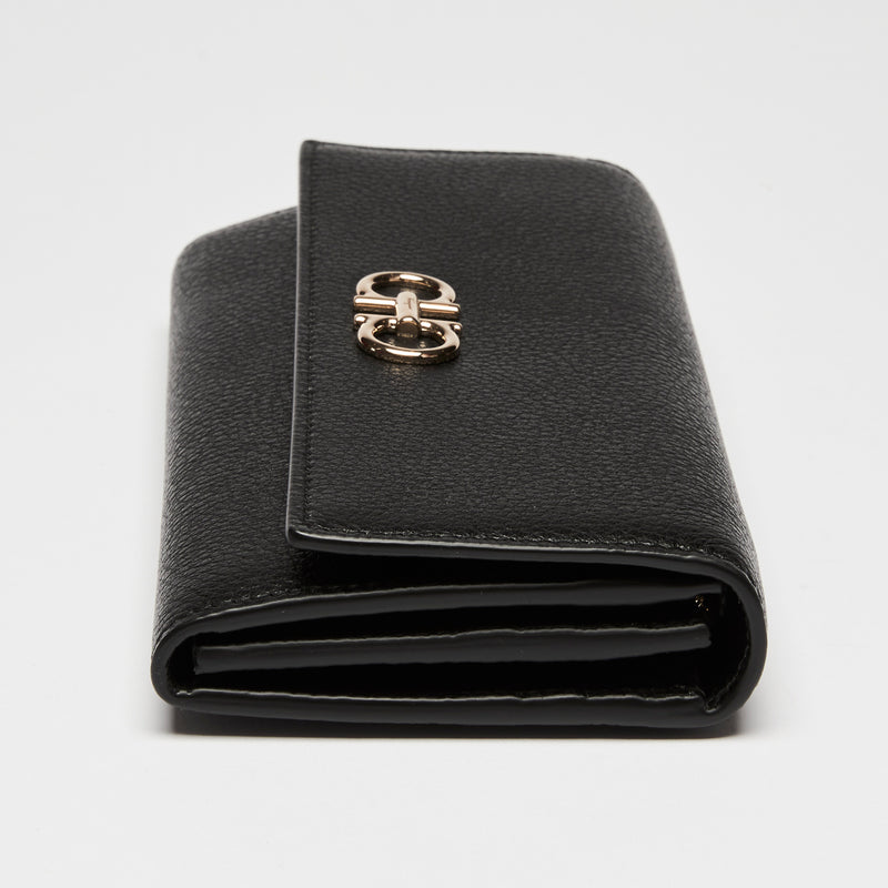 Ferragamo Black Calfskin Leather Gancini Wallet with Chain