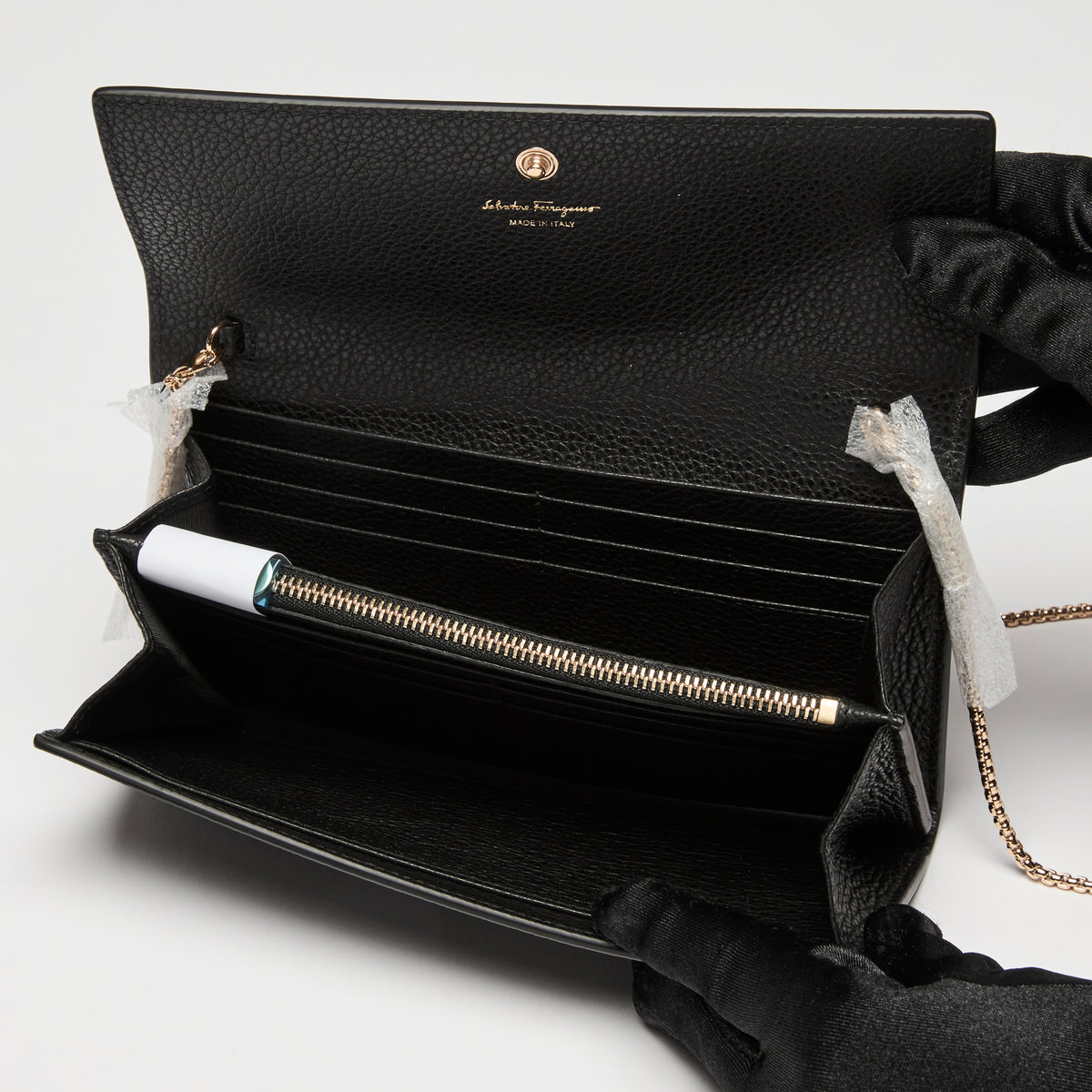 Ferragamo Black Calfskin Leather Gancini Wallet with Chain
