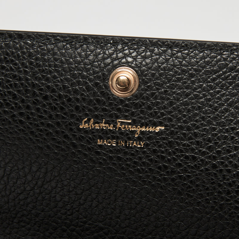 Ferragamo Black Calfskin Leather Gancini Wallet with Chain