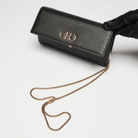 Ferragamo Black Calfskin Leather Gancini Wallet with Chain